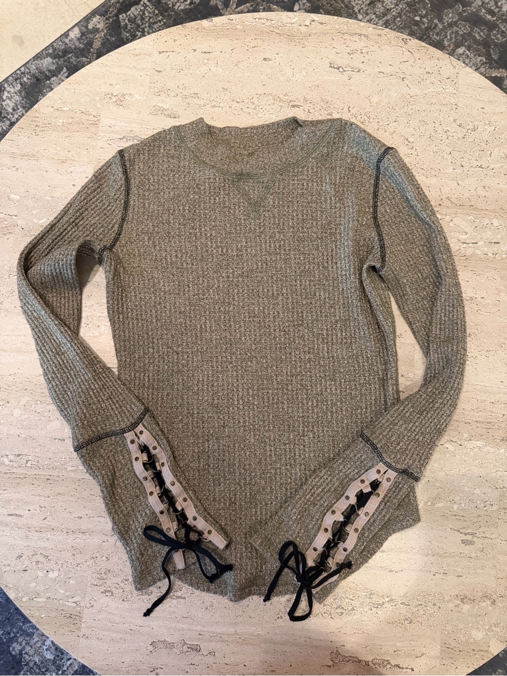 Free People Lace Up Cuff Thermal Top Olive Green Long Sleeve Size M